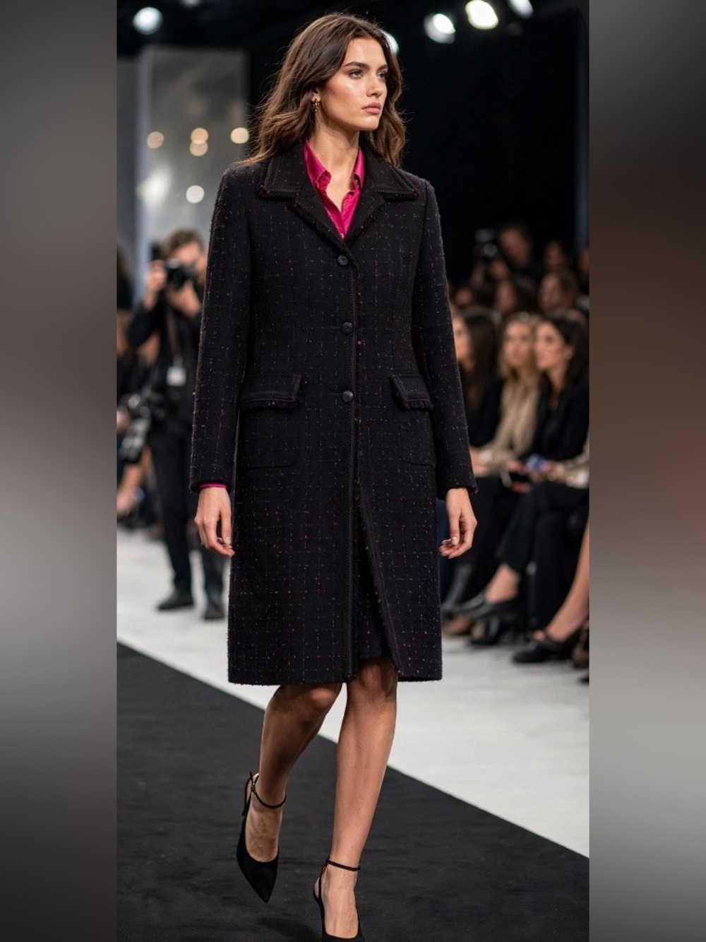 Women’s Perry Ellis 2 piece Suit Black Tweed Long Coat w/matching Skirt Sz 8 Y2K